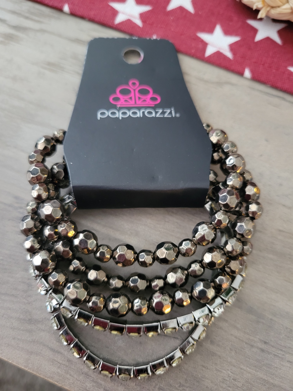 Paparazzi Hematite Faceted Multi-Strand Bracelet with Rhinestone Accents